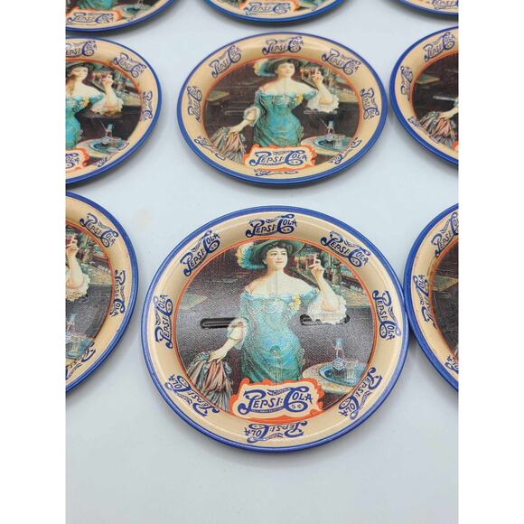 Vintage Victorian Lady Pepsi Cola Tin Coasters Set Of 9 Round 3 1/2 inch - Picture 4 of 13